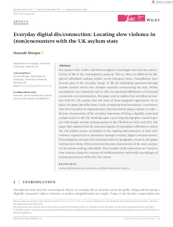 Everyday digital dis/connection: Locating slow violence in (non)encounters with the UK asylum state Thumbnail