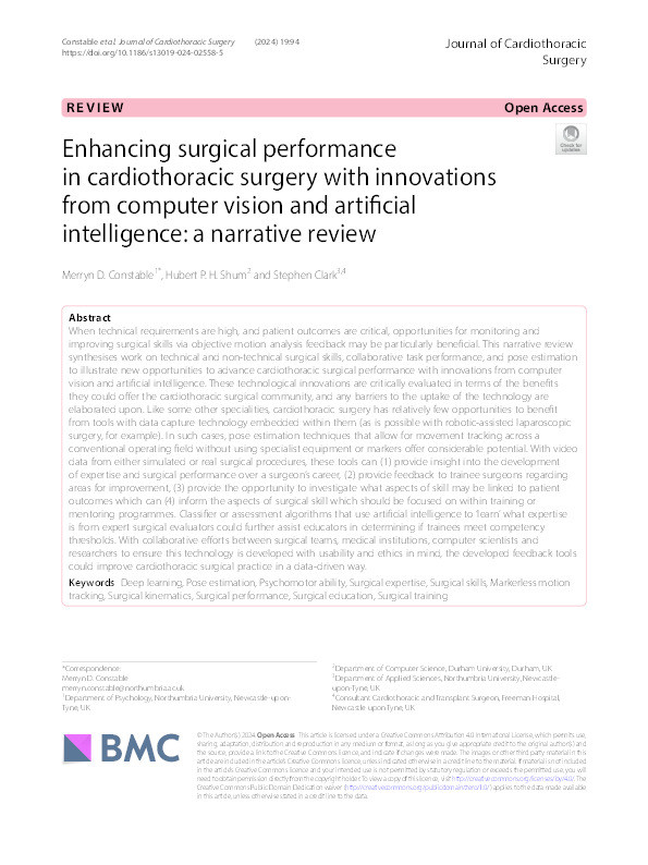 Enhancing surgical performance in cardiothoracic surgery with innovations from computer vision and artificial intelligence: a narrative review Thumbnail