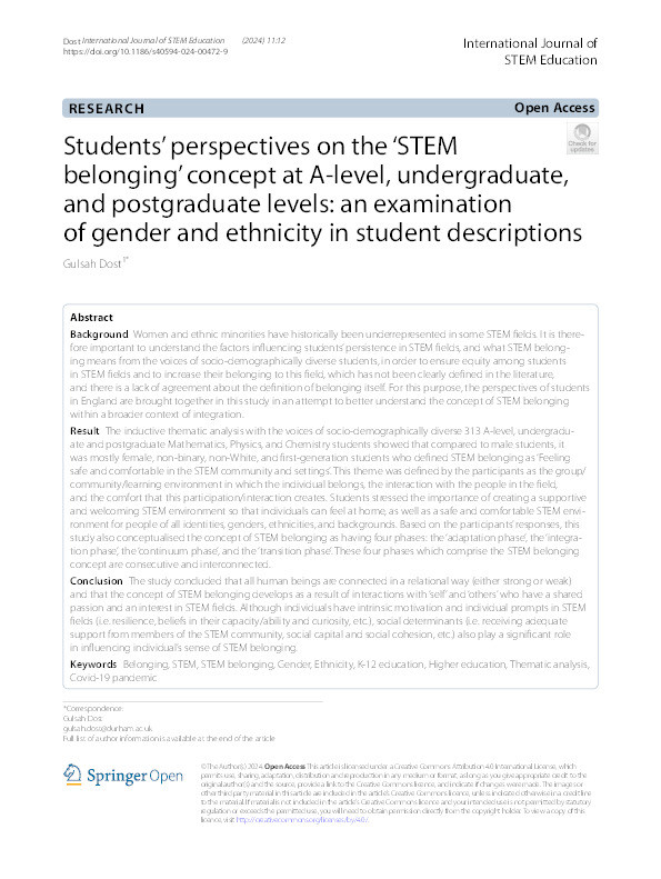 Students’ perspectives on the ‘STEM belonging’ concept at A-level, undergraduate, and postgraduate levels: an examination of gender and ethnicity in student descriptions Thumbnail