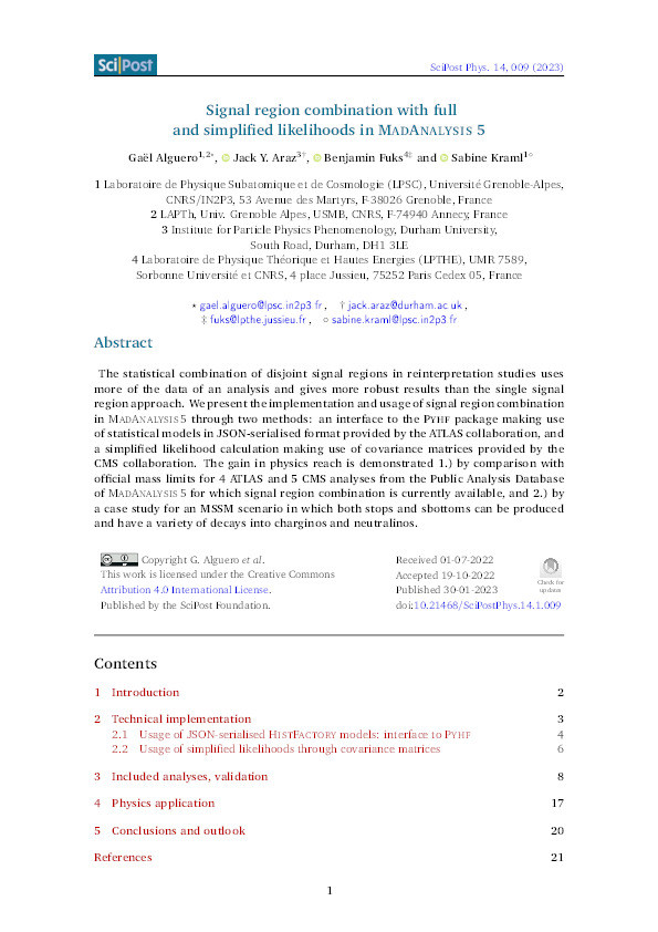 Signal region combination with full and simplified likelihoods in  MadAnalysis 5 Thumbnail