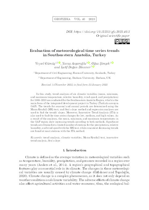 Procjena trendova meteoroloških vremenskih nizova u jugoistočnoj Anatoliji, Turska Evaluation of meteorological time series trends in Southeastern Anatolia, Turkey Thumbnail