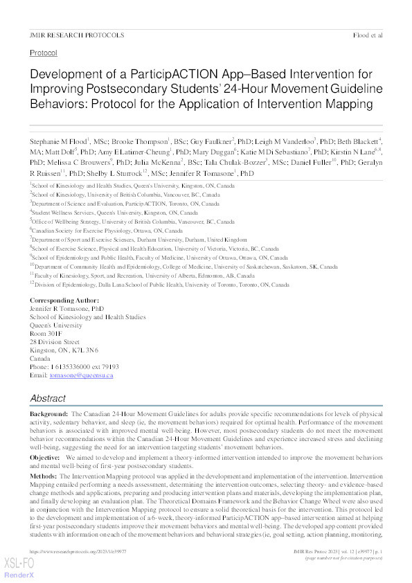 Development of a ParticipACTION App–Based Intervention for Improving Postsecondary Students’ 24-Hour Movement Guideline Behaviors: Protocol for the Application of Intervention Mapping Thumbnail