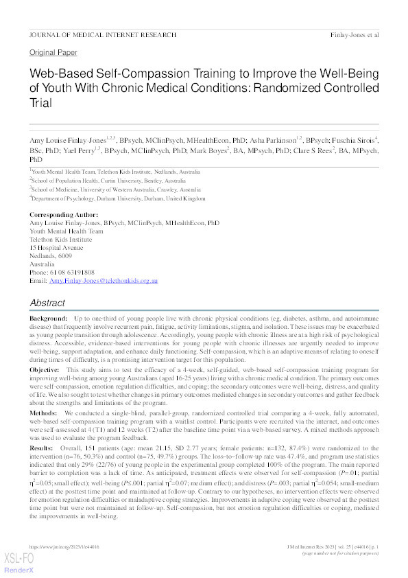 Web-Based Self-Compassion Training to Improve the Well-Being of Youth With Chronic Medical Conditions: Randomized Controlled Trial Thumbnail