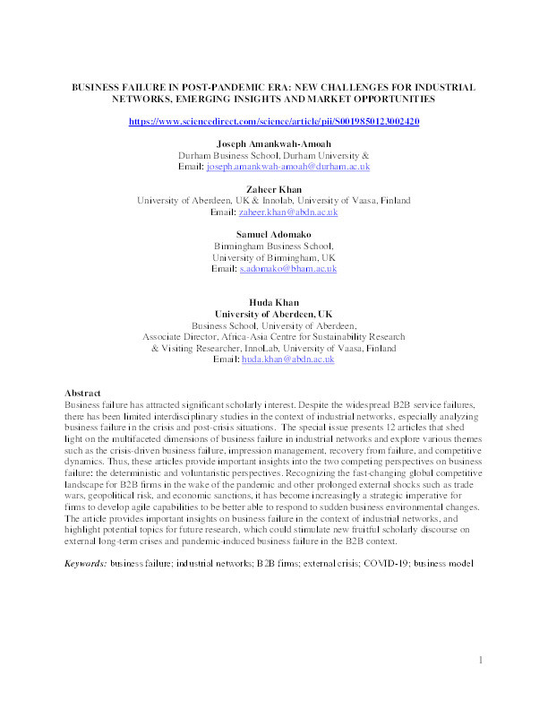 Business failure in post-pandemic era: New challenges for industrial networks, emerging insights and market opportunities Thumbnail