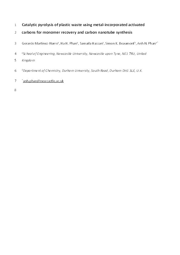 Catalytic pyrolysis of plastic waste using metal-incorporated activated carbons for monomer recovery and carbon nanotube synthesis Thumbnail