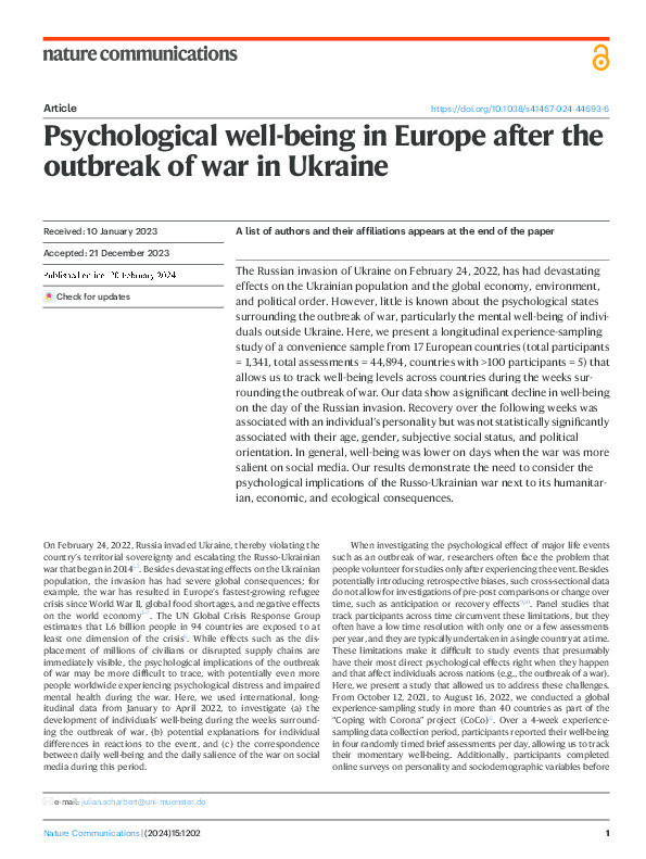 Psychological well-being in Europe after the outbreak of war in Ukraine Thumbnail