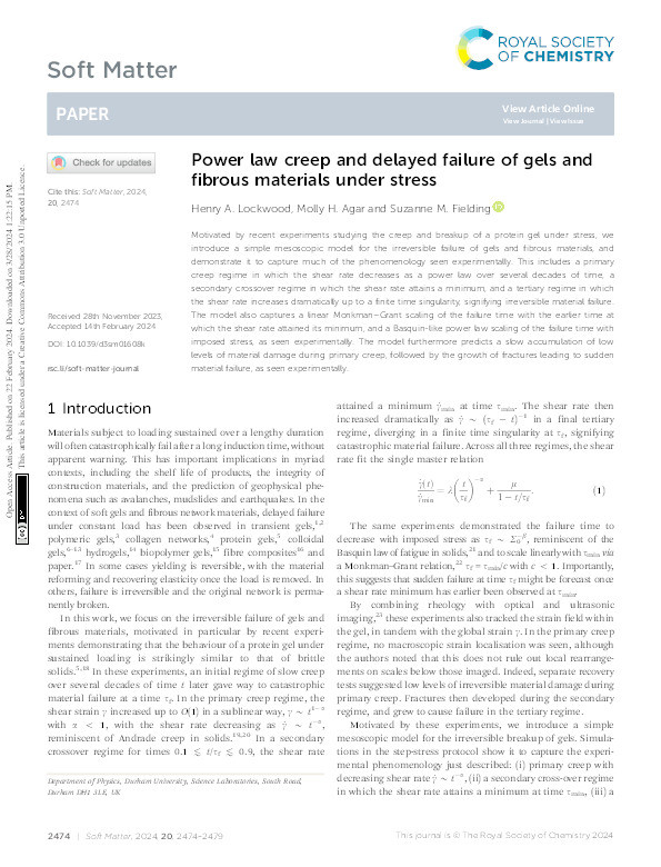 Power law creep and delayed failure of gels and fibrous materials under stress Thumbnail