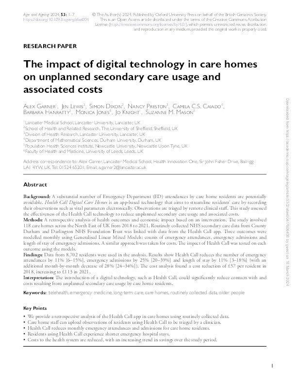 The impact of digital technology in care homes on unplanned secondary care usage and associated costs. Thumbnail