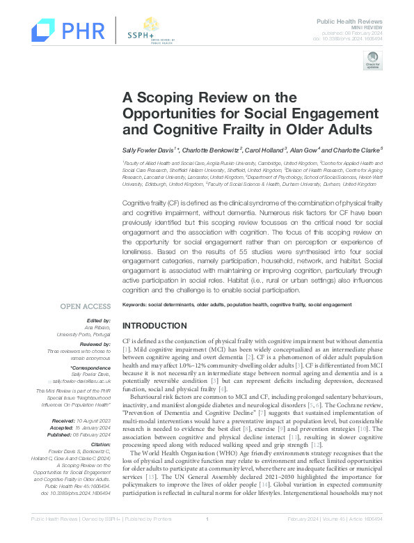 A Scoping Review on the Opportunities for Social Engagement and Cognitive Frailty in Older Adults Thumbnail