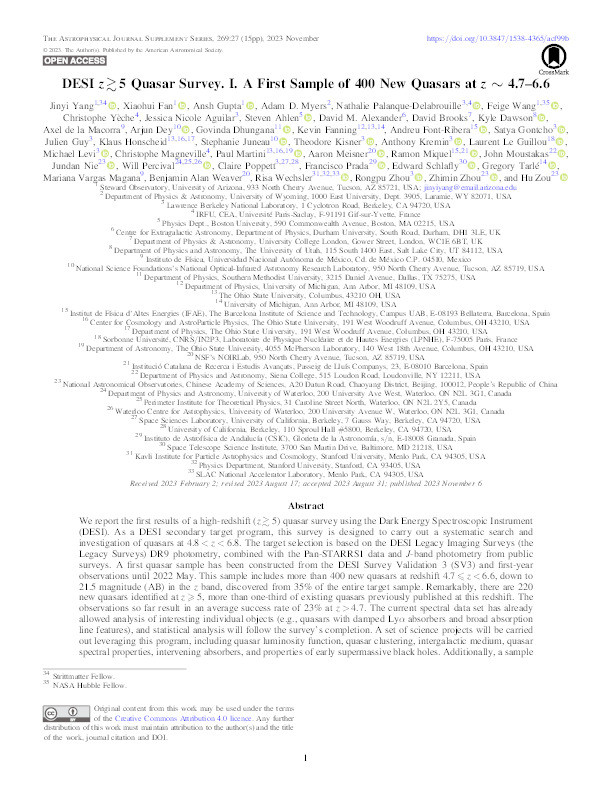 DESI z ≳ 5 Quasar Survey. I. A First Sample of 400 New Quasars at z ∼ 4.7–6.6 Thumbnail