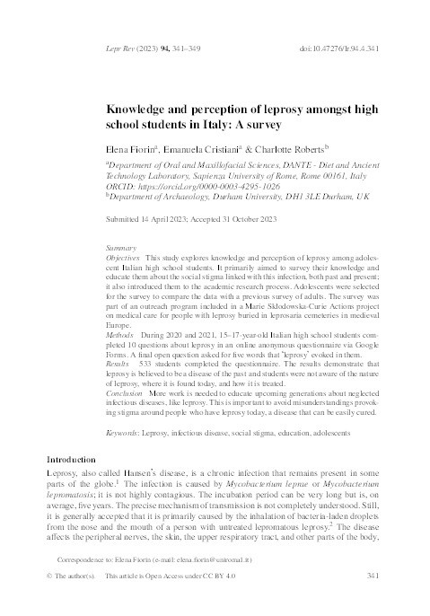 Knowledge and perception of leprosy amongst high school students in Italy: A survey Thumbnail
