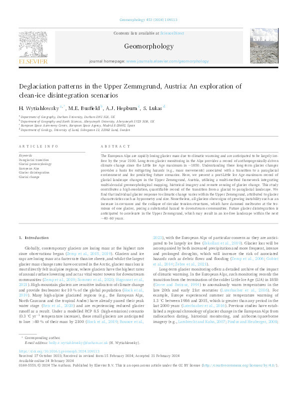 Deglaciation patterns in the Upper Zemmgrund, Austria: An exploration of clean-ice disintegration scenarios Thumbnail