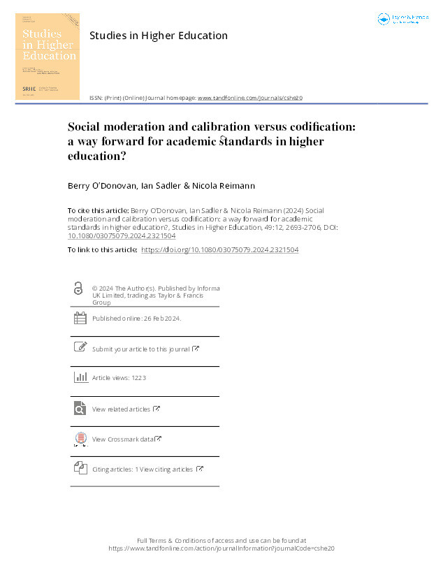 Social moderation and calibration versus codification: a way forward for academic standards in higher education? Thumbnail