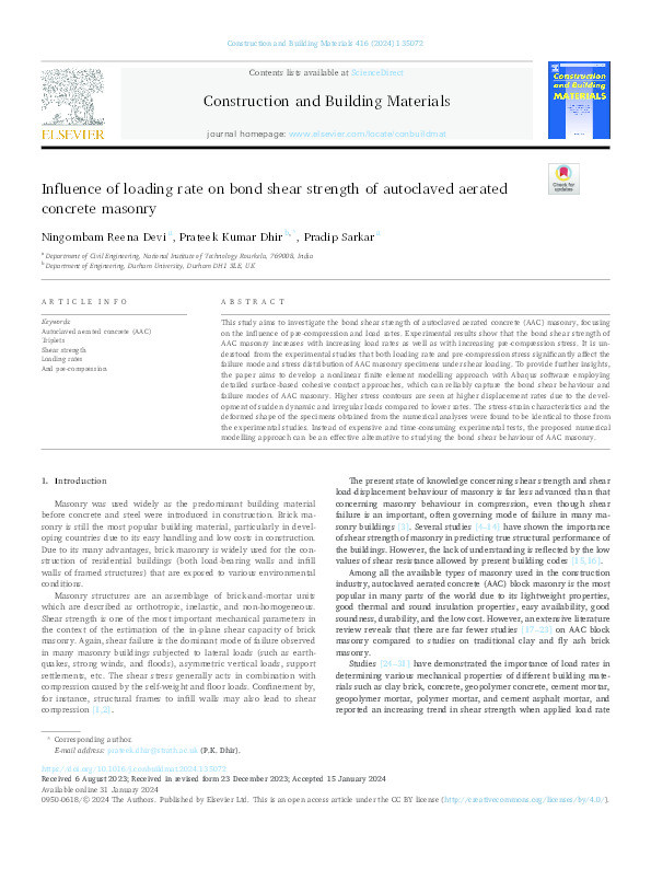 Influence of loading rate on bond shear strength of autoclaved aerated concrete masonry Thumbnail