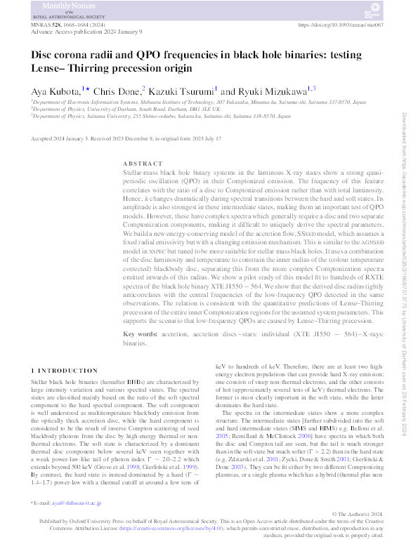 Disc corona radii and QPO frequencies in black hole binaries: testing Lense– Thirring precession origin Thumbnail