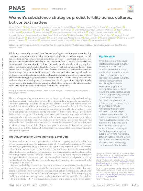 Women’s subsistence strategies predict fertility across cultures, but context matters Thumbnail