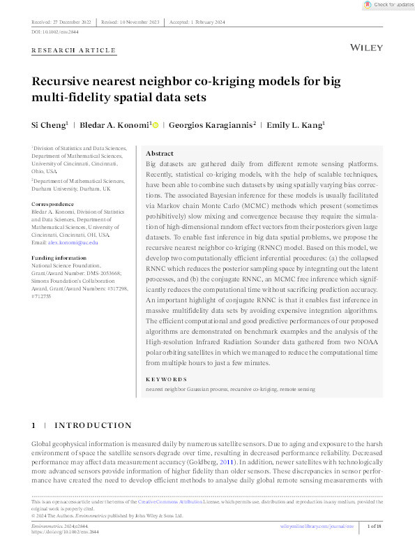 Recursive nearest neighbor co‐kriging models for big multi‐fidelity spatial data sets Thumbnail