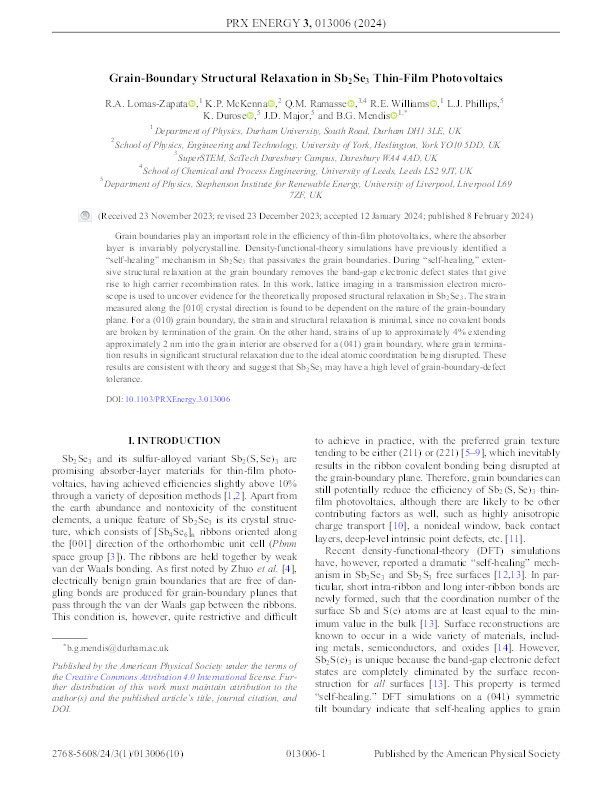 Grain-Boundary Structural Relaxation in Sb2Se3 Thin-Film Photovoltaics Thumbnail