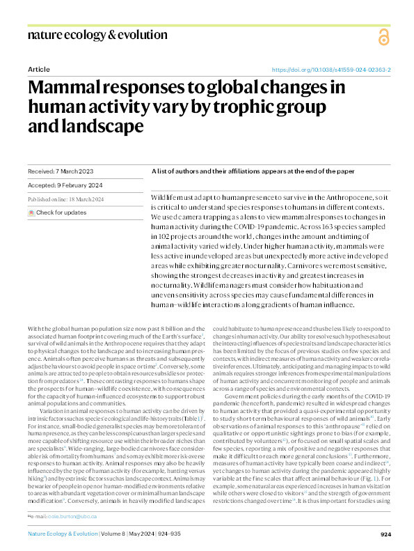 Mammal responses to global changes in human activity vary by trophic group and landscape Thumbnail