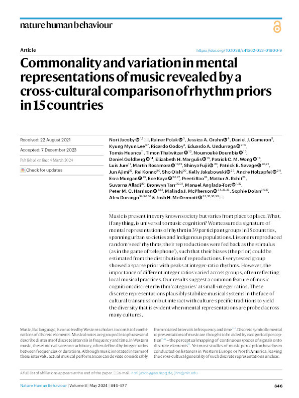 Commonality and variation in mental representations of music revealed by a cross-cultural comparison of rhythm priors in 15 countries Thumbnail