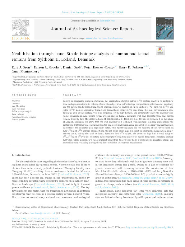 Neolithisation through bone: Stable isotope analysis of human and faunal remains from Syltholm II, Lolland, Denmark Thumbnail
