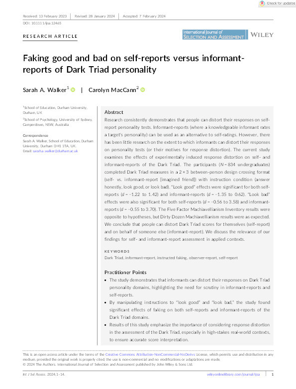 Faking good and bad on self‐reports versus informant‐reports of Dark Triad personality Thumbnail