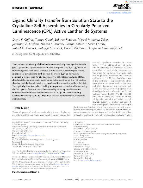 Ligand Chirality Transfer from Solution State to the Crystalline Self‐Assemblies in Circularly Polarized Luminescence (CPL) Active Lanthanide Systems Thumbnail