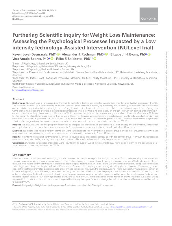 Furthering Scientific Inquiry for Weight Loss Maintenance: Assessing the Psychological Processes Impacted by a Low intensity Technology-Assisted Intervention (NULevel Trial). Thumbnail