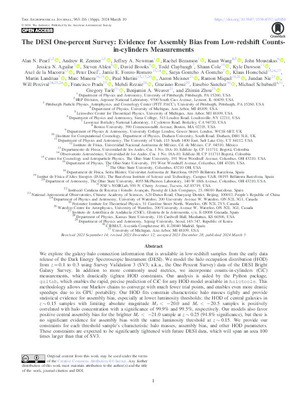 The DESI One-percent Survey: Evidence for Assembly Bias from Low-redshift Counts-in-cylinders Measurements Thumbnail