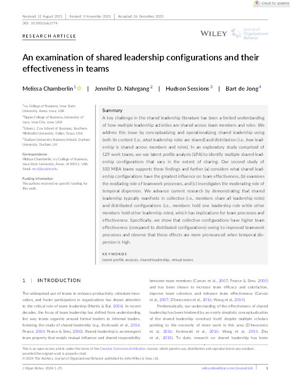 An examination of shared leadership configurations and their effectiveness in teams Thumbnail