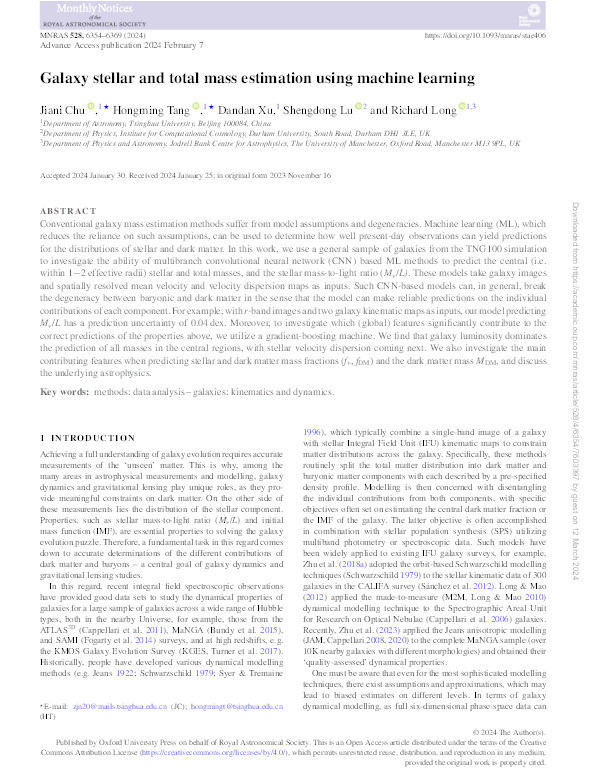 Galaxy stellar and total mass estimation using machine learning Thumbnail