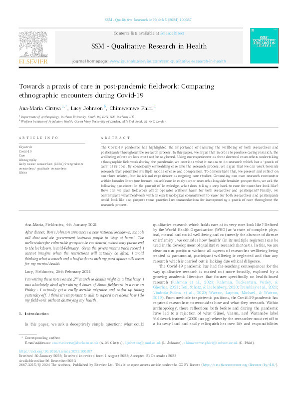 Towards a praxis of care in post-pandemic fieldwork: Comparing ethnographic encounters during Covid-19 Thumbnail