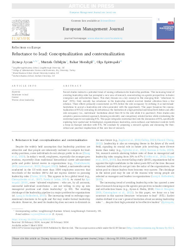 Reluctance to lead: Conceptualization and contextualization Thumbnail