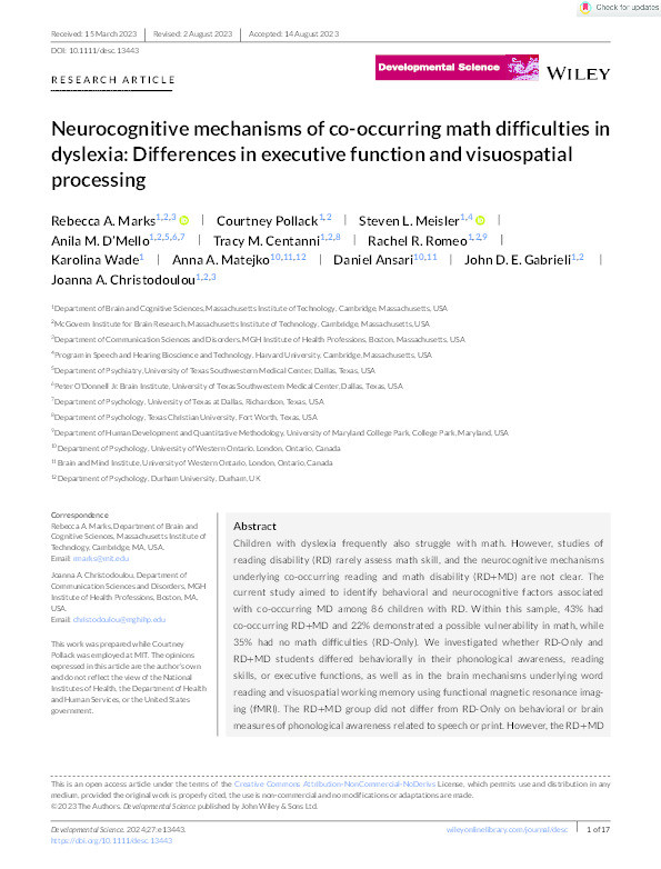 Neurocognitive mechanisms of co‐occurring math difficulties in dyslexia: Differences in executive function and visuospatial processing Thumbnail