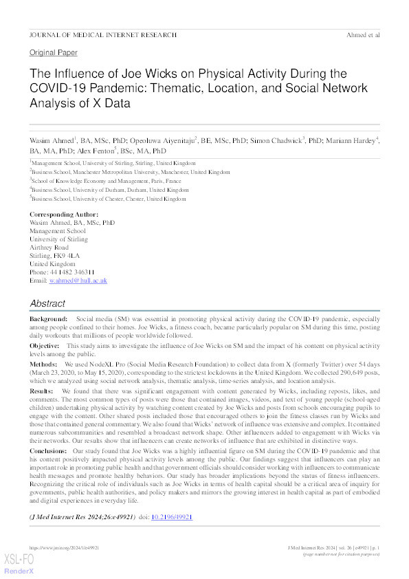 The Influence of Joe Wicks on Physical Activity During the COVID-19 Pandemic: Thematic, Location, and Social Network Analysis of X Data Thumbnail