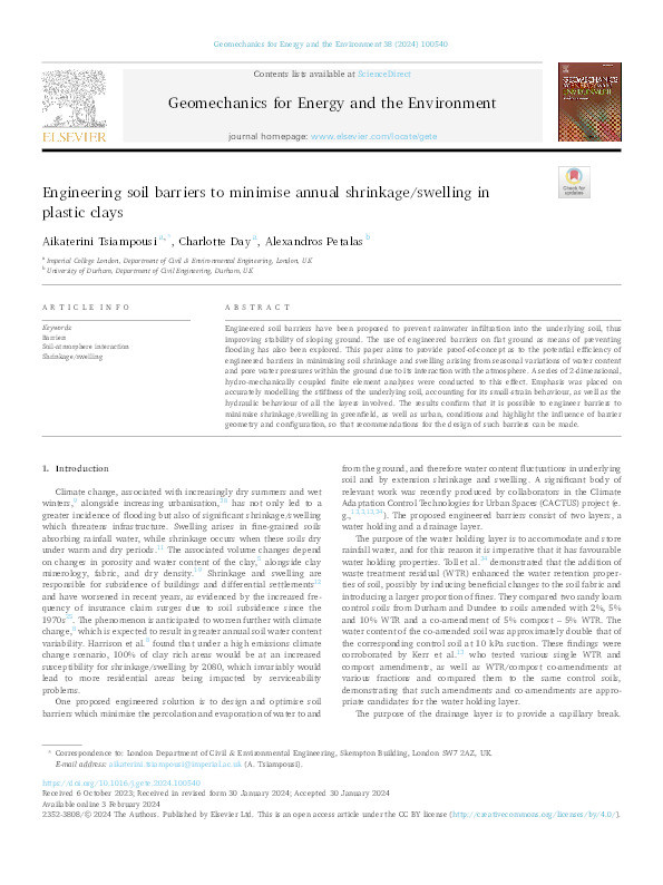 Engineering soil barriers to minimise annual shrinkage/swelling in plastic clays Thumbnail