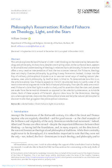 Philosophy’s Resurrection: Richard Fishacre on Theology, Light, and the Stars Thumbnail