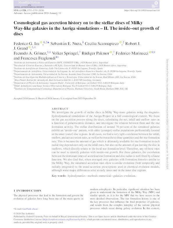 Cosmological gas accretion history on to the stellar discs of Milky Way-like galaxies in the Auriga simulations – II. The inside–out growth of discs Thumbnail