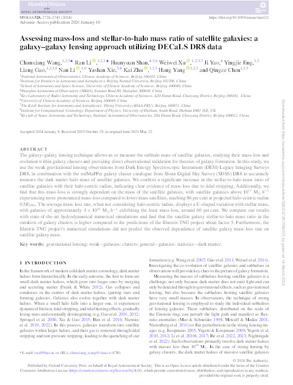 Assessing mass-loss and stellar-to-halo mass ratio of satellite galaxies: a galaxy–galaxy lensing approach utilizing DECaLS DR8 data Thumbnail