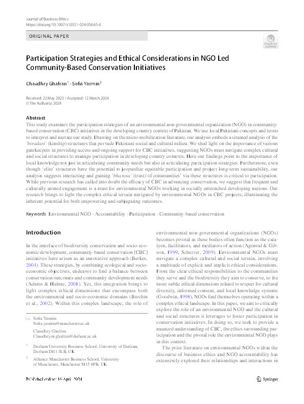 Participation Strategies and Ethical Considerations in NGO led Community-Based  Conservation Initiatives Thumbnail