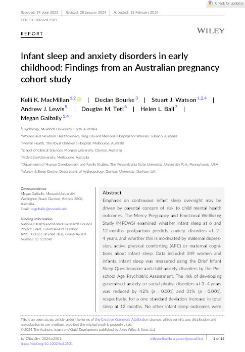 Infant sleep and anxiety disorders in early childhood: Findings from an Australian pregnancy cohort study Thumbnail