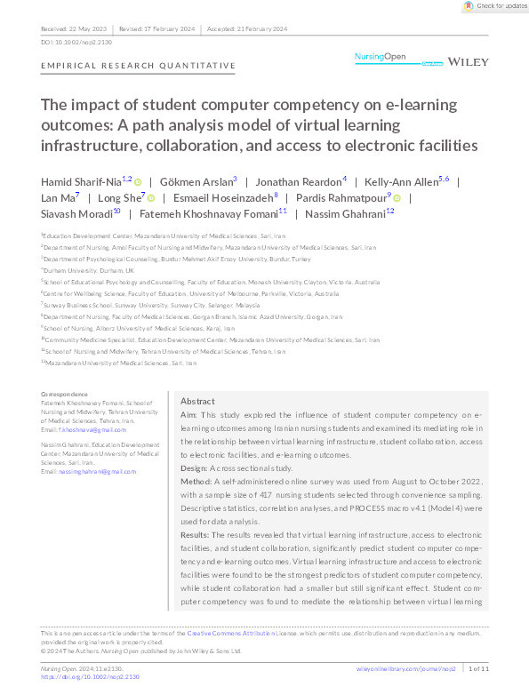The impact of student computer competency on e‐learning outcomes: A path analysis model of virtual learning infrastructure, collaboration, and access to electronic facilities Thumbnail