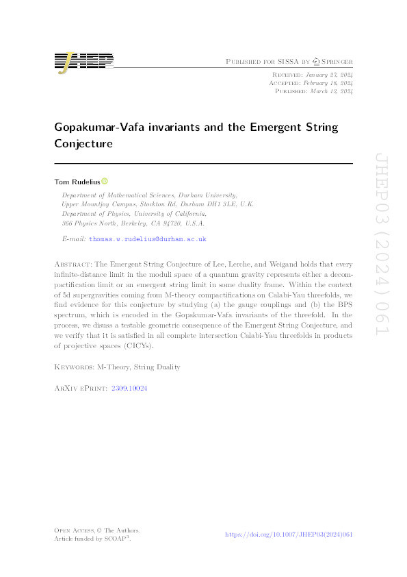 Gopakumar-Vafa invariants and the Emergent String Conjecture Thumbnail