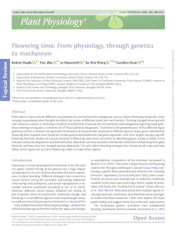 Flowering time: from physiology, through genetics to mechanism. Thumbnail