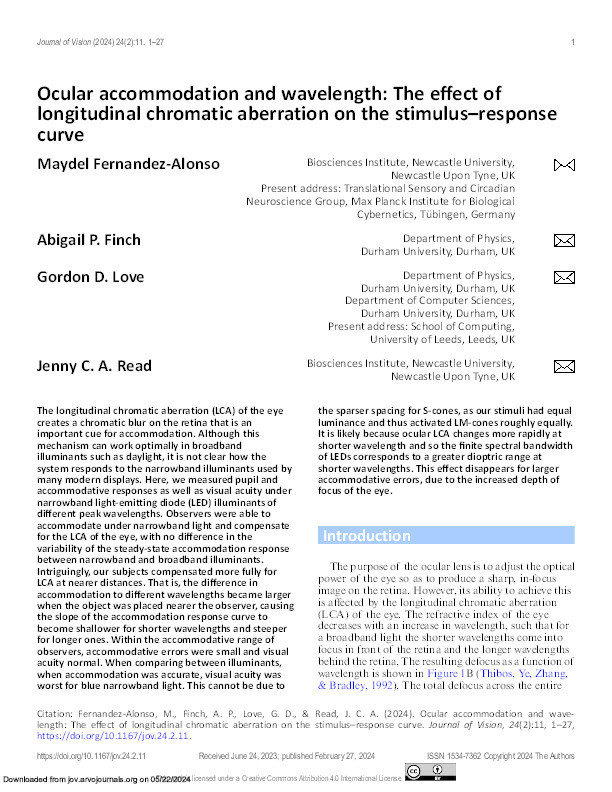 Ocular accommodation and wavelength: The effect of longitudinal chromatic aberration on the stimulus-response curve. Thumbnail