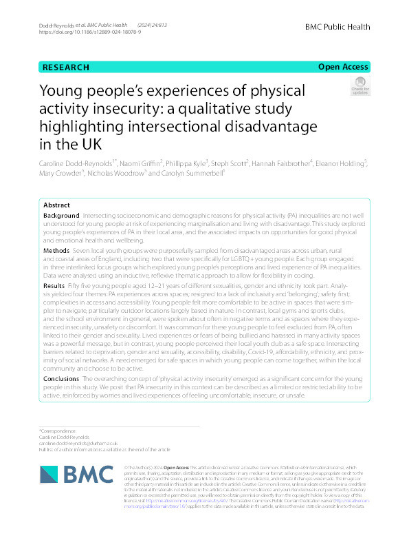 Young people's experiences of physical activity insecurity: a qualitative study highlighting intersectional disadvantage in the UK Thumbnail