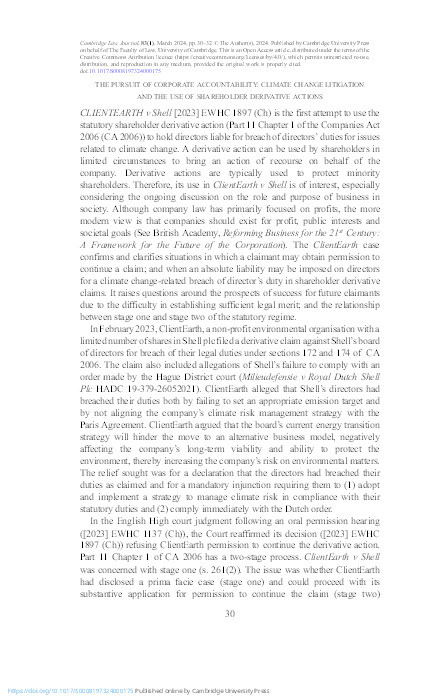 The Pursuit of Corporate Accountability: Climate Change Litigation and the Use of Shareholder Derivative Actions Thumbnail