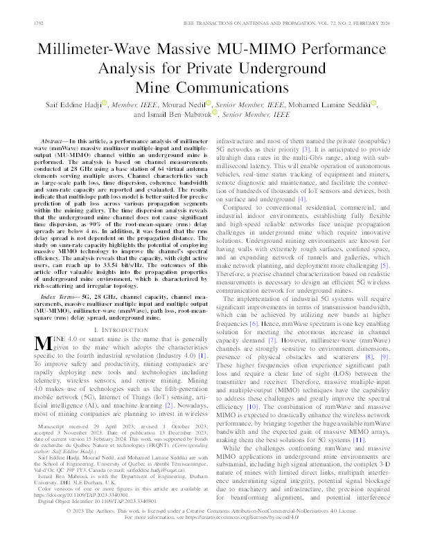 Millimeter-Wave Massive MU-MIMO Performance Analysis for Private Underground Mine Communications Thumbnail