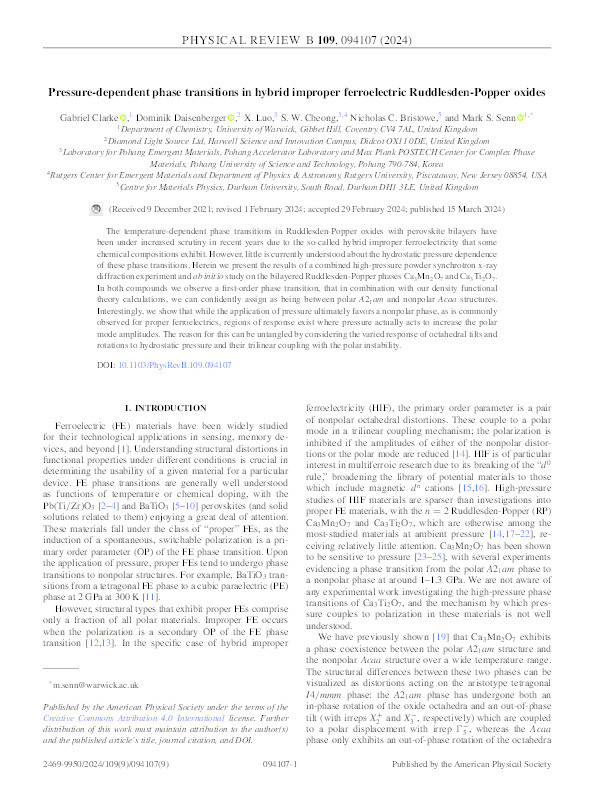 Pressure-dependent phase transitions in hybrid improper ferroelectric Ruddlesden-Popper oxides Thumbnail