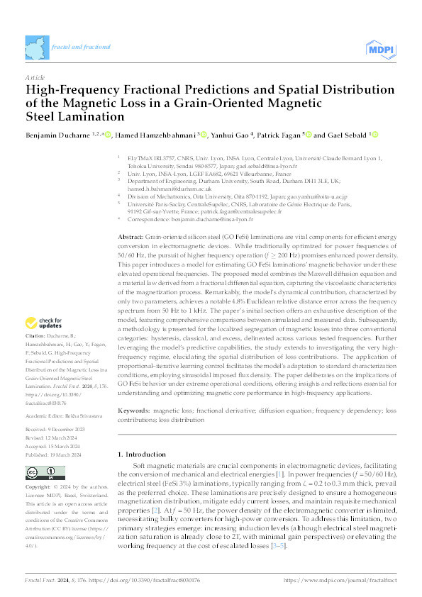 High-Frequency Fractional Predictions and Spatial Distribution of the Magnetic Loss in a Grain-Oriented Magnetic Steel Lamination Thumbnail
